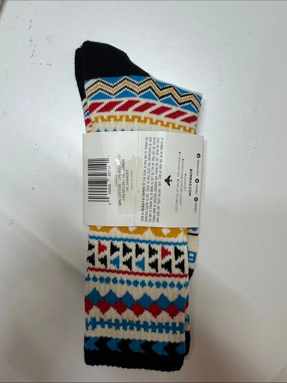 Bombas Cream Crew Socks with Blue, Red & Black Pattern